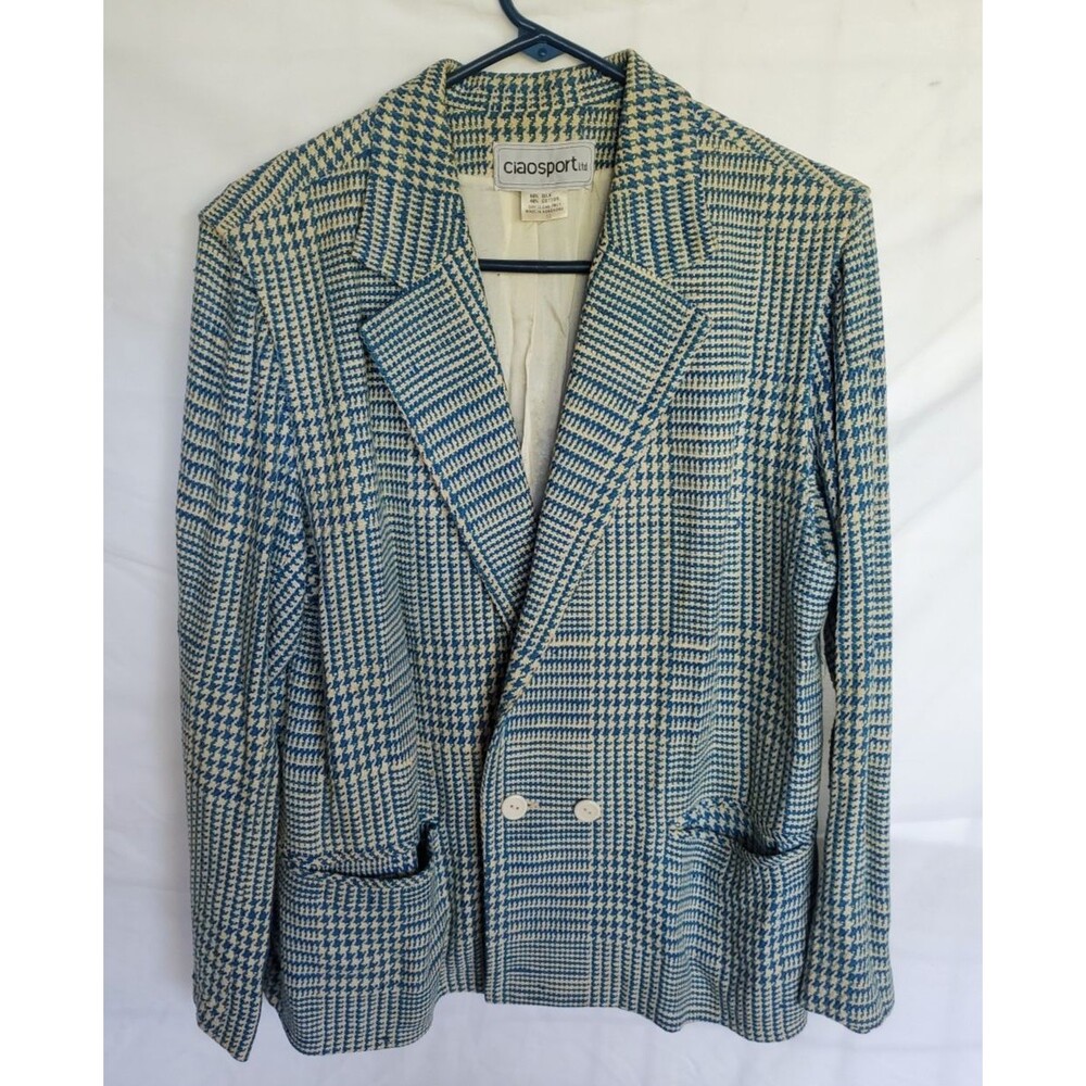 Vintage Ciaosport Ltd Houndstooth Blazer Teal Beige Silk Cotton Sz 12 Retro 60s